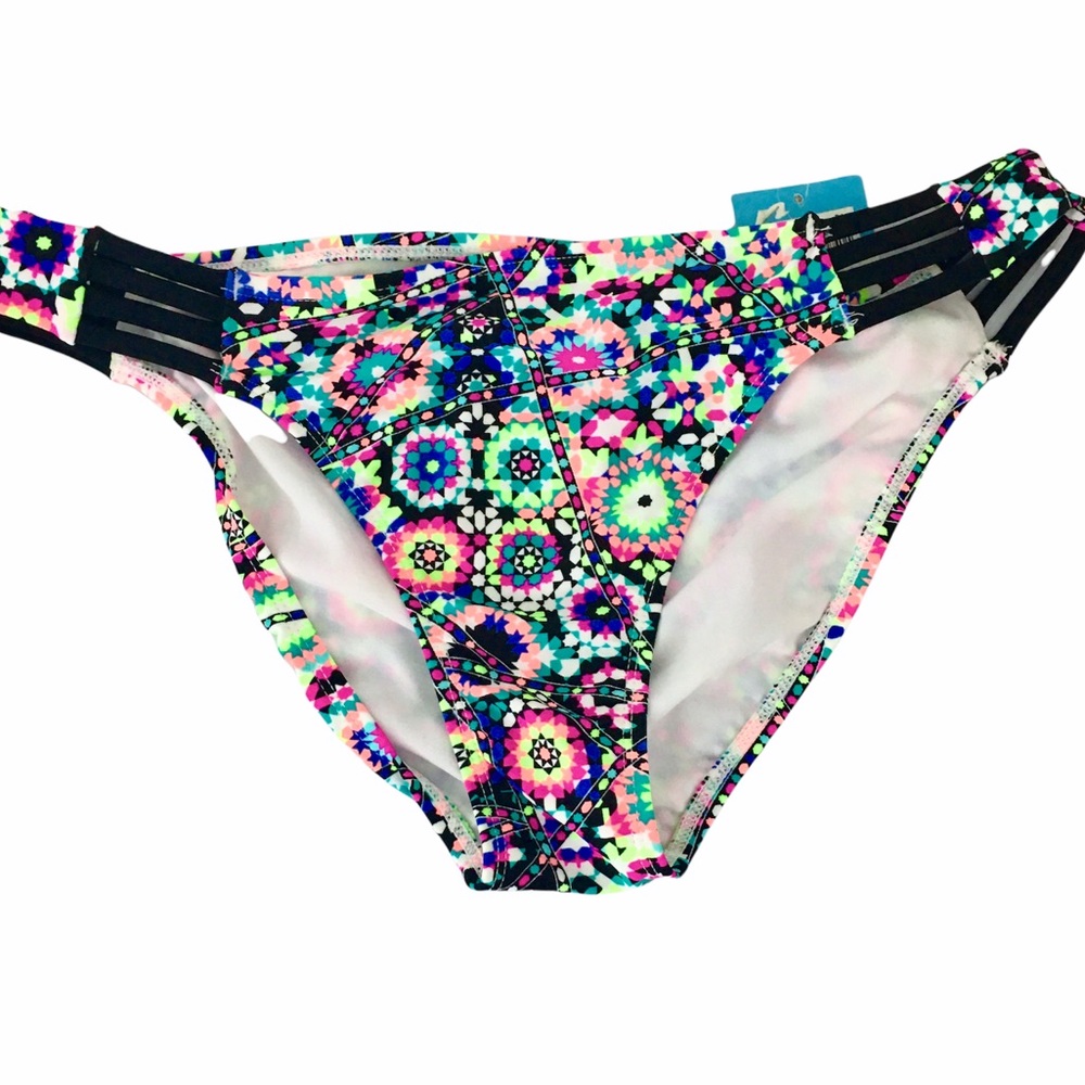 California Waves Multicolor Neon Floral Hipster Strappy Bikini Swim Bottoms